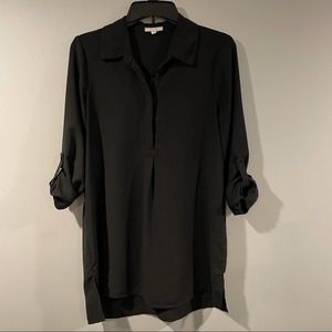 Pleione Tunic Blouse Flowy Lightweight Collar Roll Up Sleeve Black Women’s Small